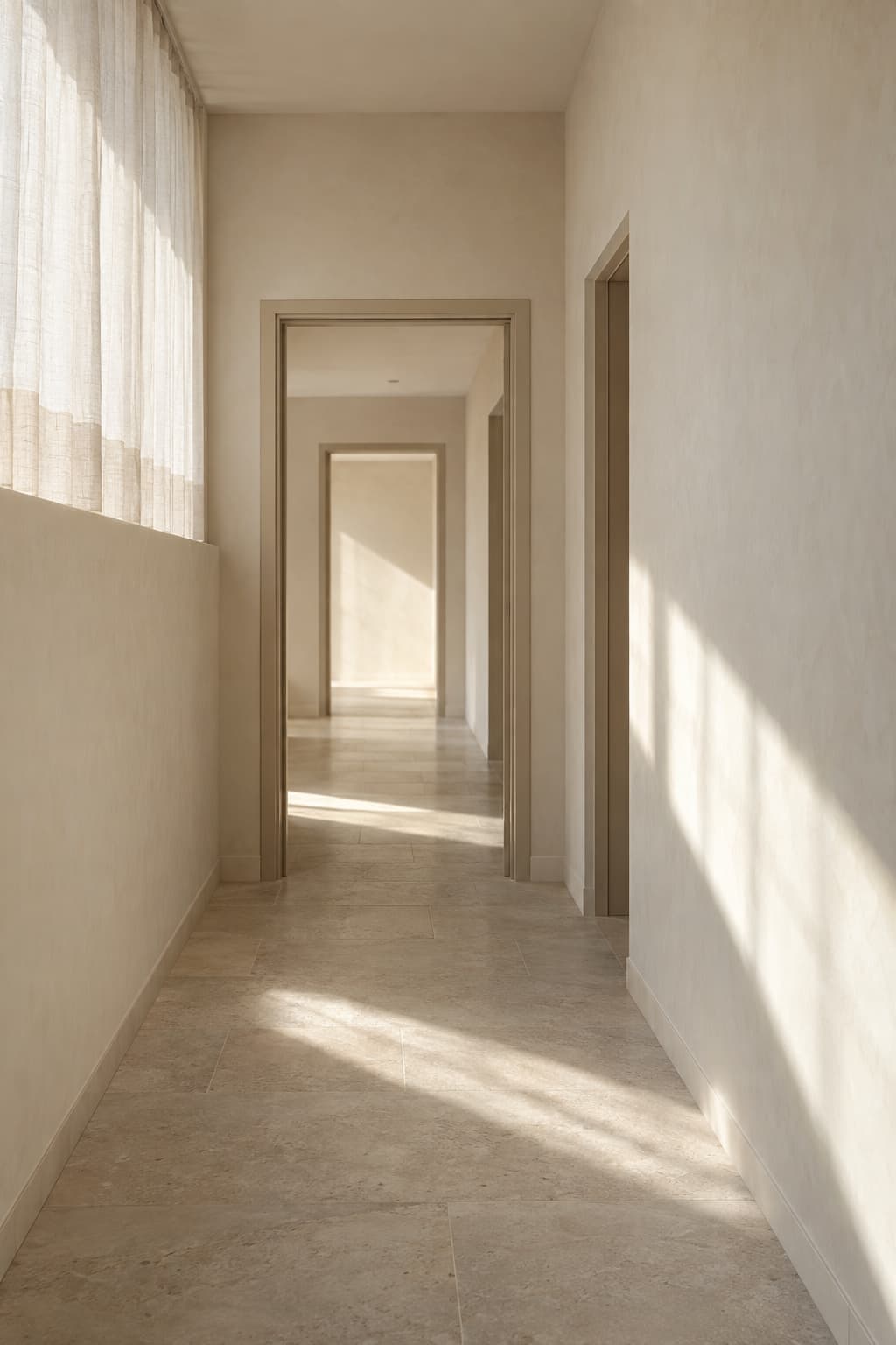 Un couloir du cabinet, baigné par la lumière du jour.